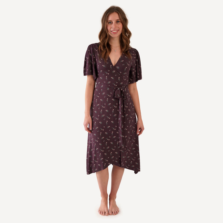 womens flutter sleeve wrap dress | huckleberry chamomile | bamboo