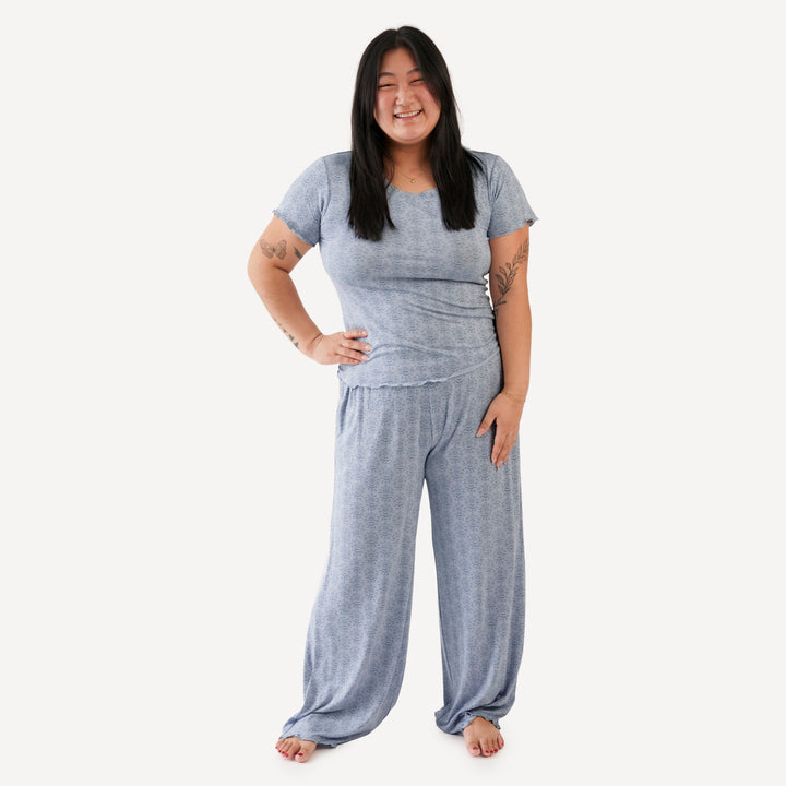 womens short sleeve jade set | cornflower folk wallpaper | bamboo