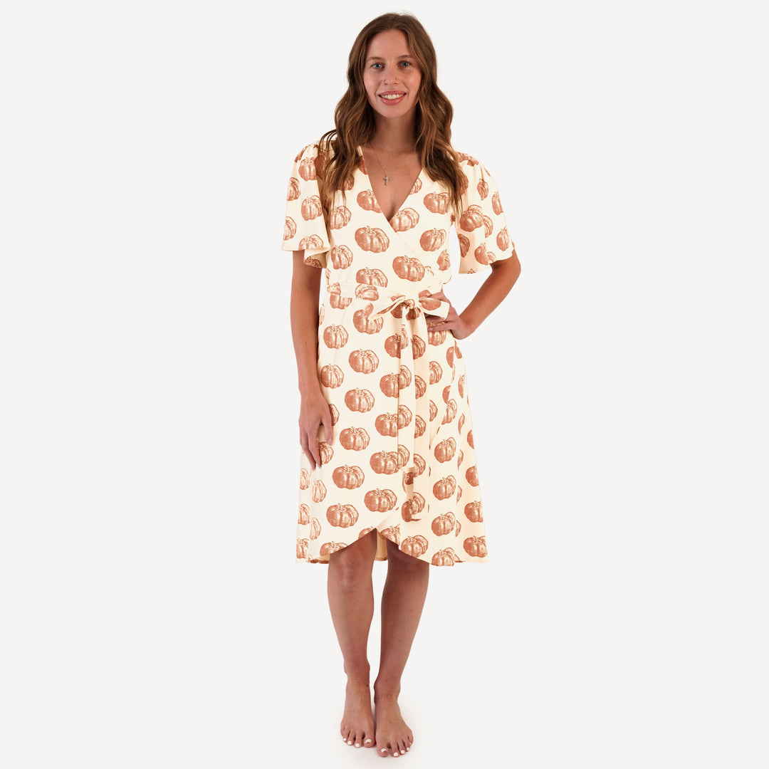 womens midi flutter sleeve wrap dress | harvest pumpkin | organic cotton interlock