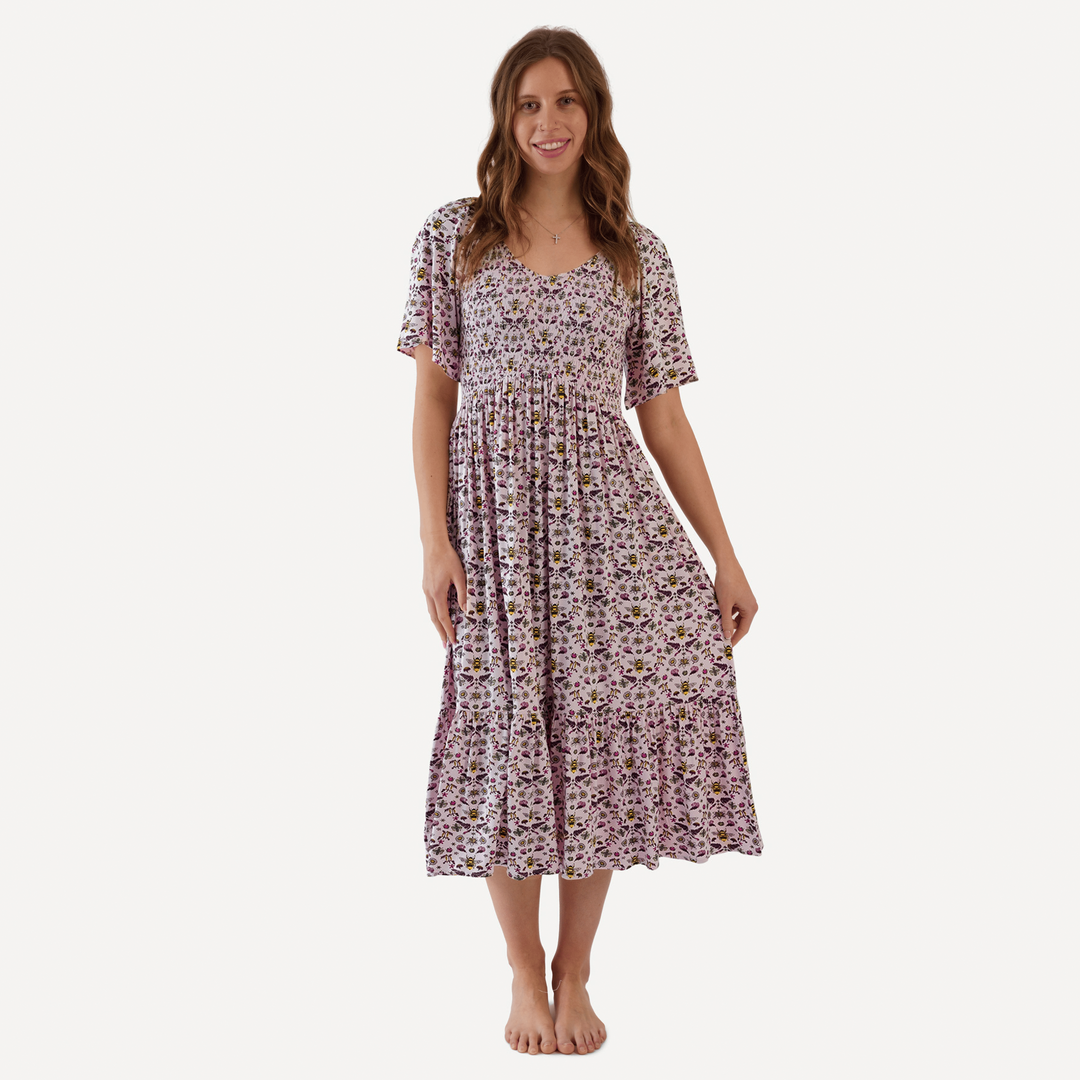 womens flutter sleeve smocked midi dress | rose litho bee | bamboo
