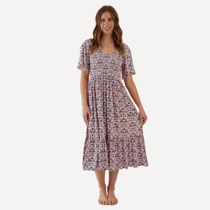 womens flutter sleeve smocked midi dress | rose litho bee | bamboo