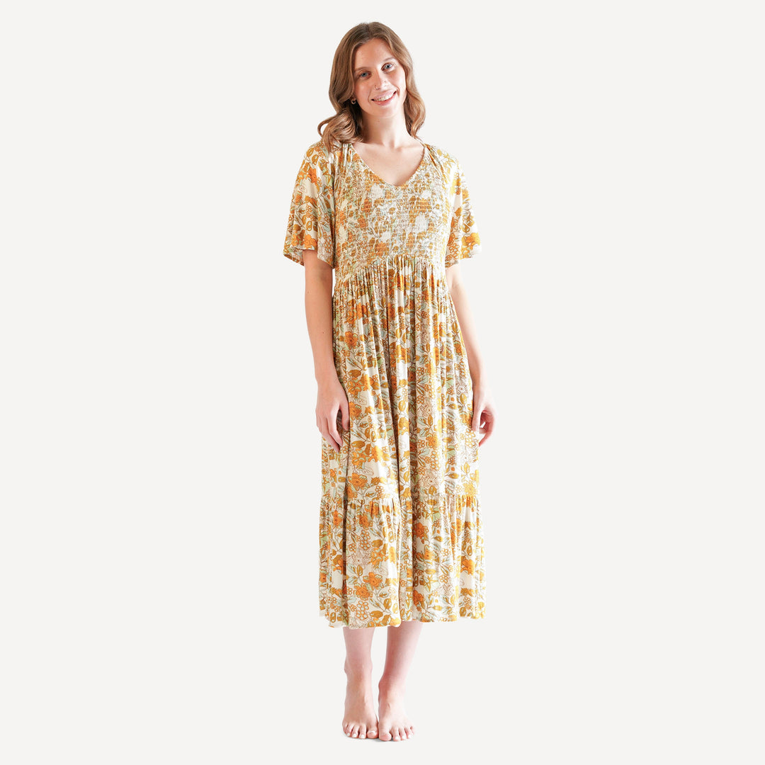 womens flutter sleeve smocked midi dress | farm floral | lenzing modal