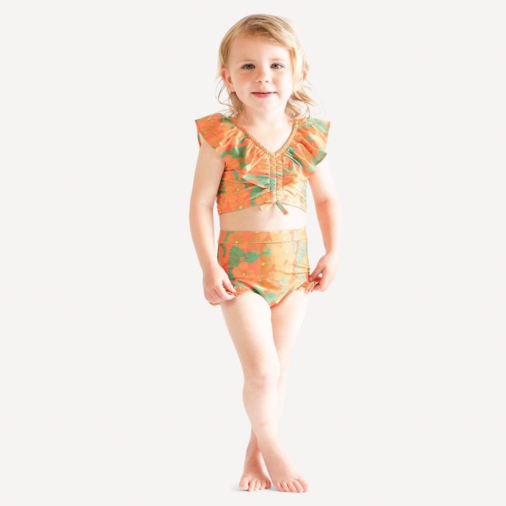 ruffle crop top and ruffle leg bottom swim set | orange hibiscus garden | swim