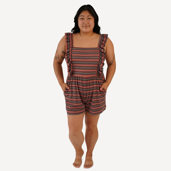 womens pinafore ruffle romper | kampala stripe | bamboo