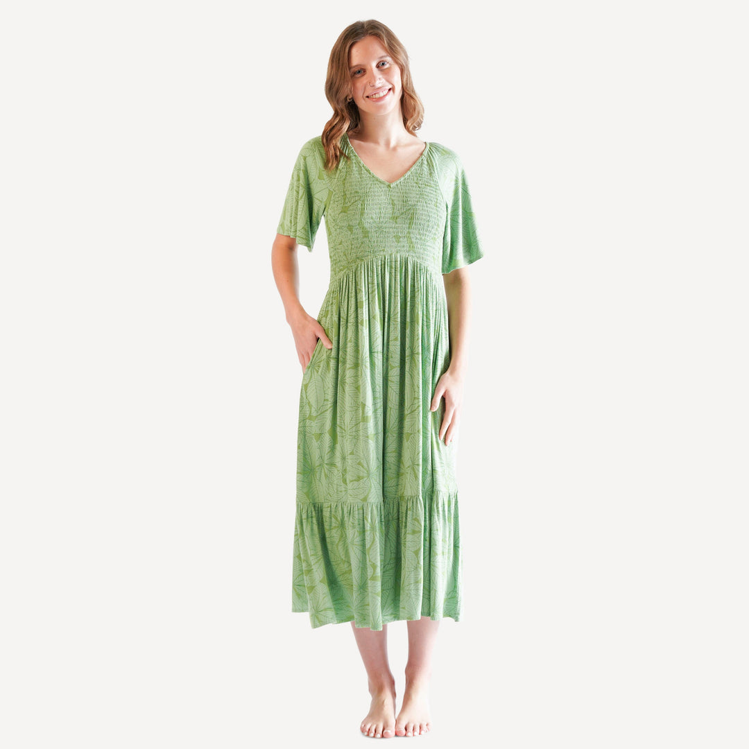 womens flutter sleeve smocked midi dress | green foliage | lenzing modal