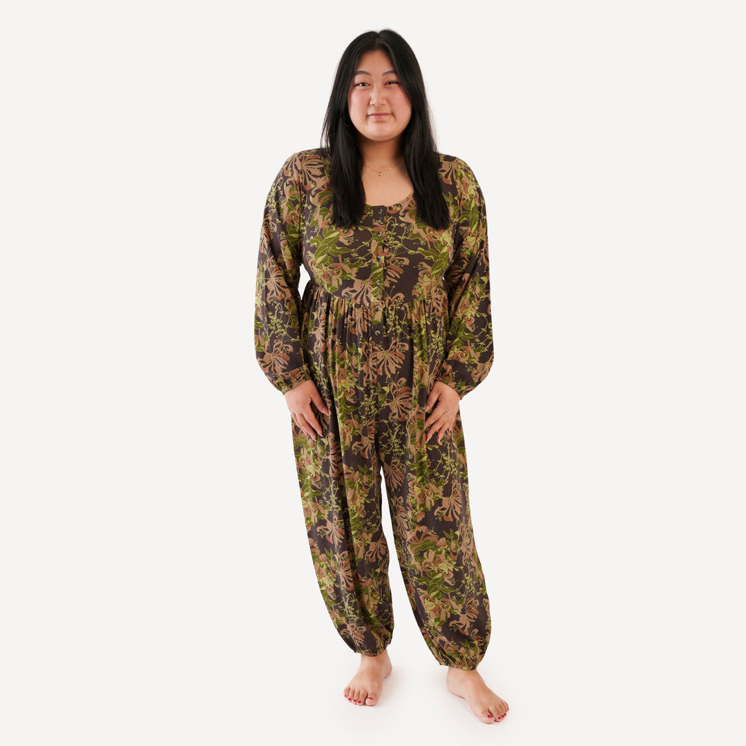 womens long sleeve button front v-waist jumpsuit | honeysuckle | bamboo