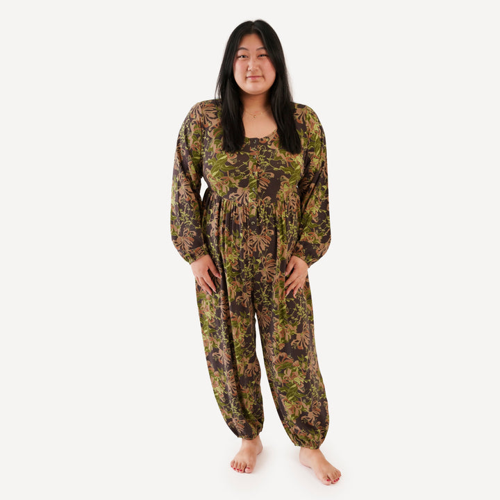 womens long sleeve button front v-waist jumpsuit | honeysuckle | bamboo