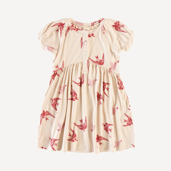 short sleeve gathered henley pocket dress | birds & hearts | bamboo