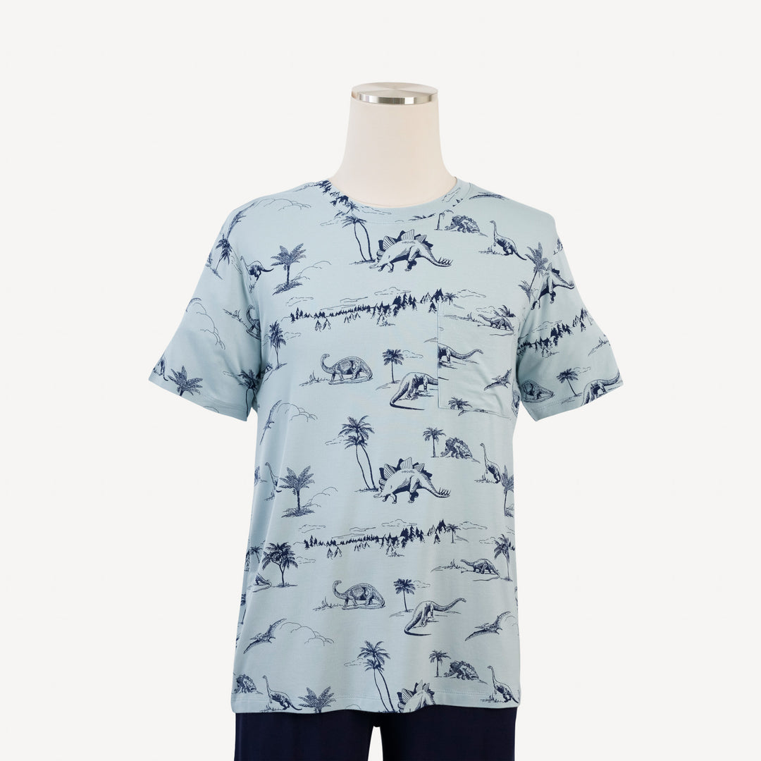 mens short sleeve pocket tee | blue dino landscape | bamboo