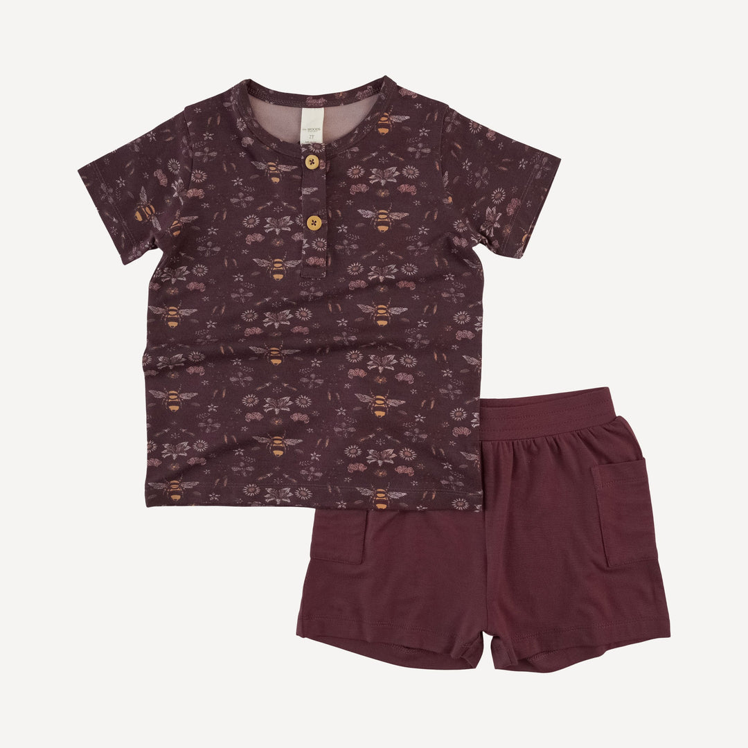 short sleeve basic henley tee + patch pocket short set | mahogany bee | modal