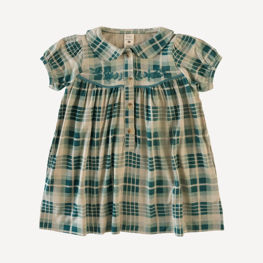 short sleeve embroidered cowgirl dress | balsam plaid | organic cotton jersey