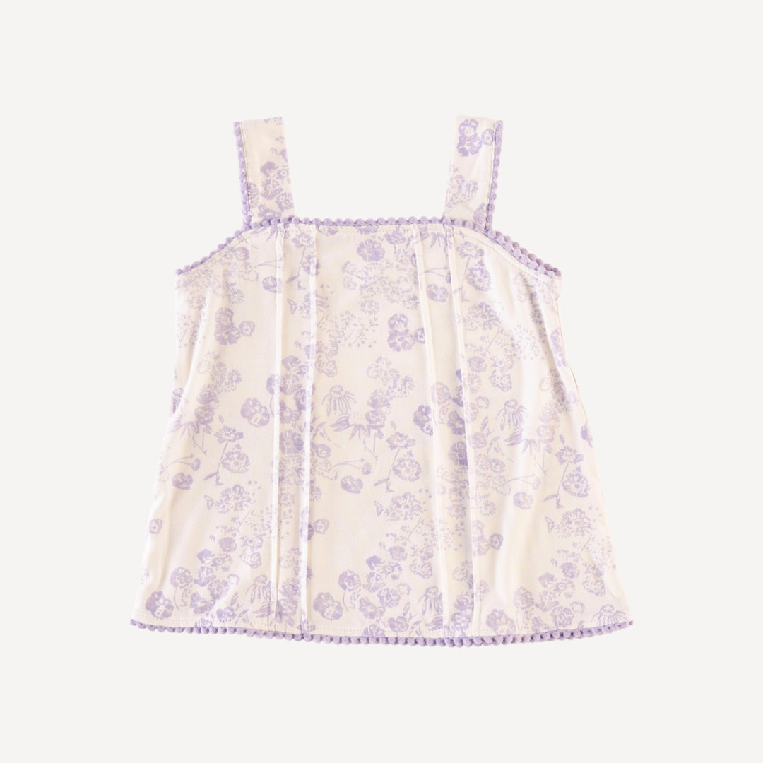 sleeveless pintuck pom pom top | lilac scatter | organic cotton jersey