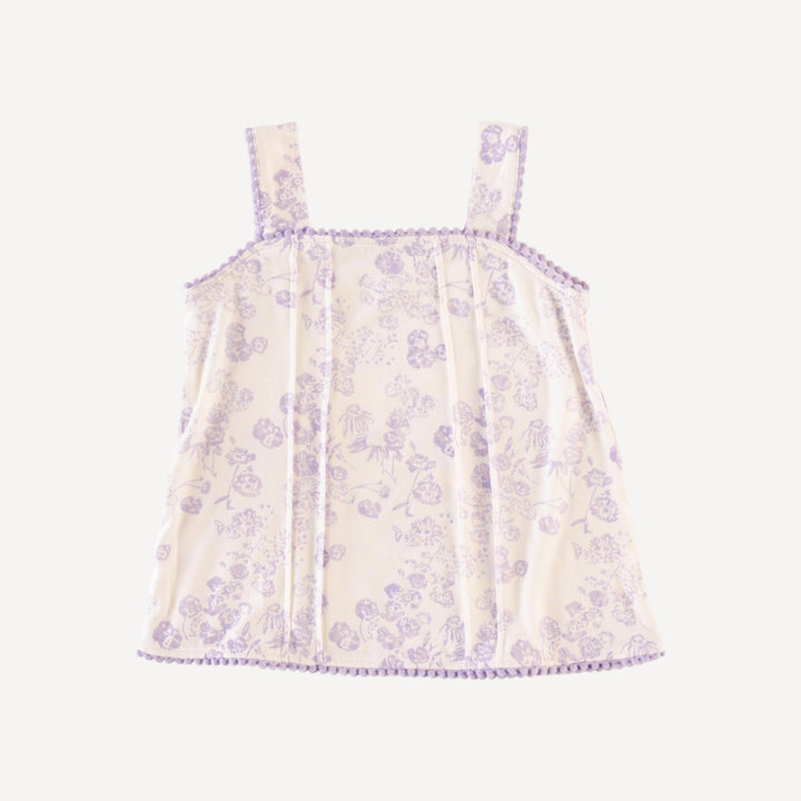 sleeveless pintuck pom pom top | lilac scatter | organic cotton jersey