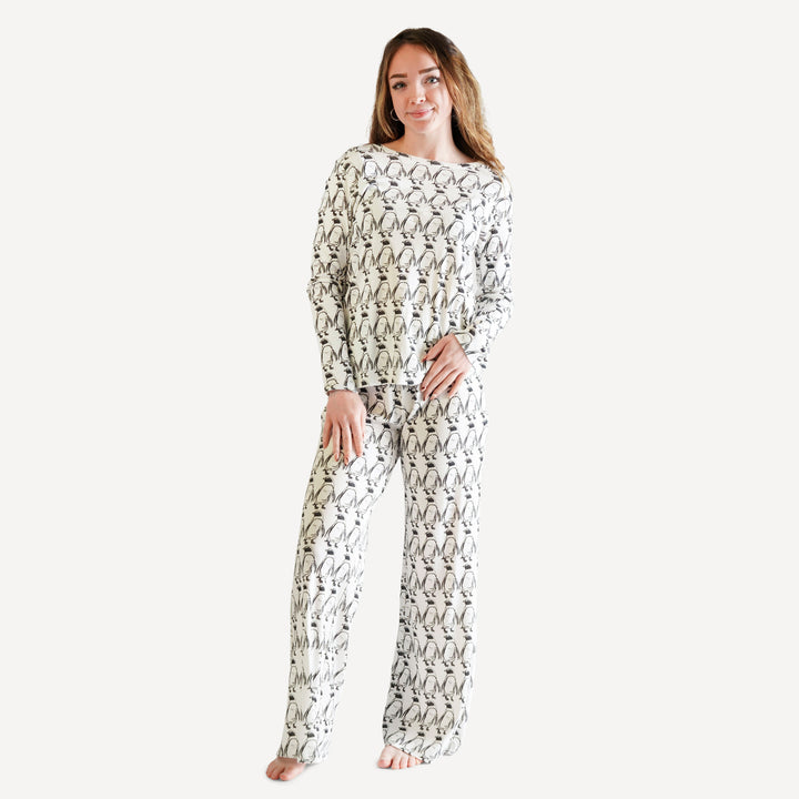 womens long sleeve crew neck pj set | penguin | organic cotton single rib