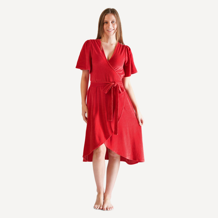 womens midi flutter sleeve wrap dress | cardinal | organic cotton velour