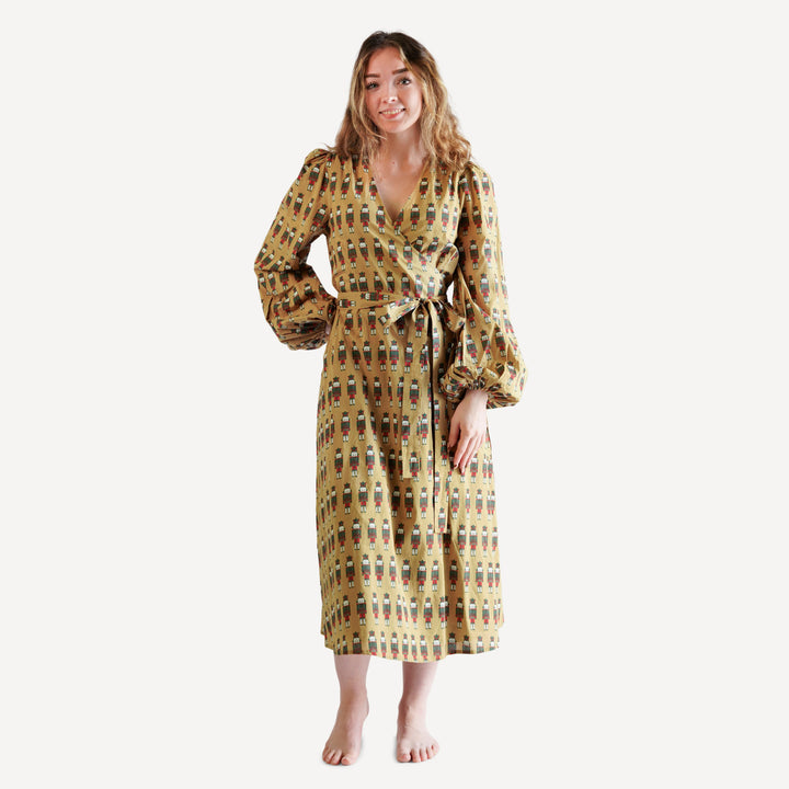 womens balloon sleeve midi wrap dress | nutcracker | organic cotton woven