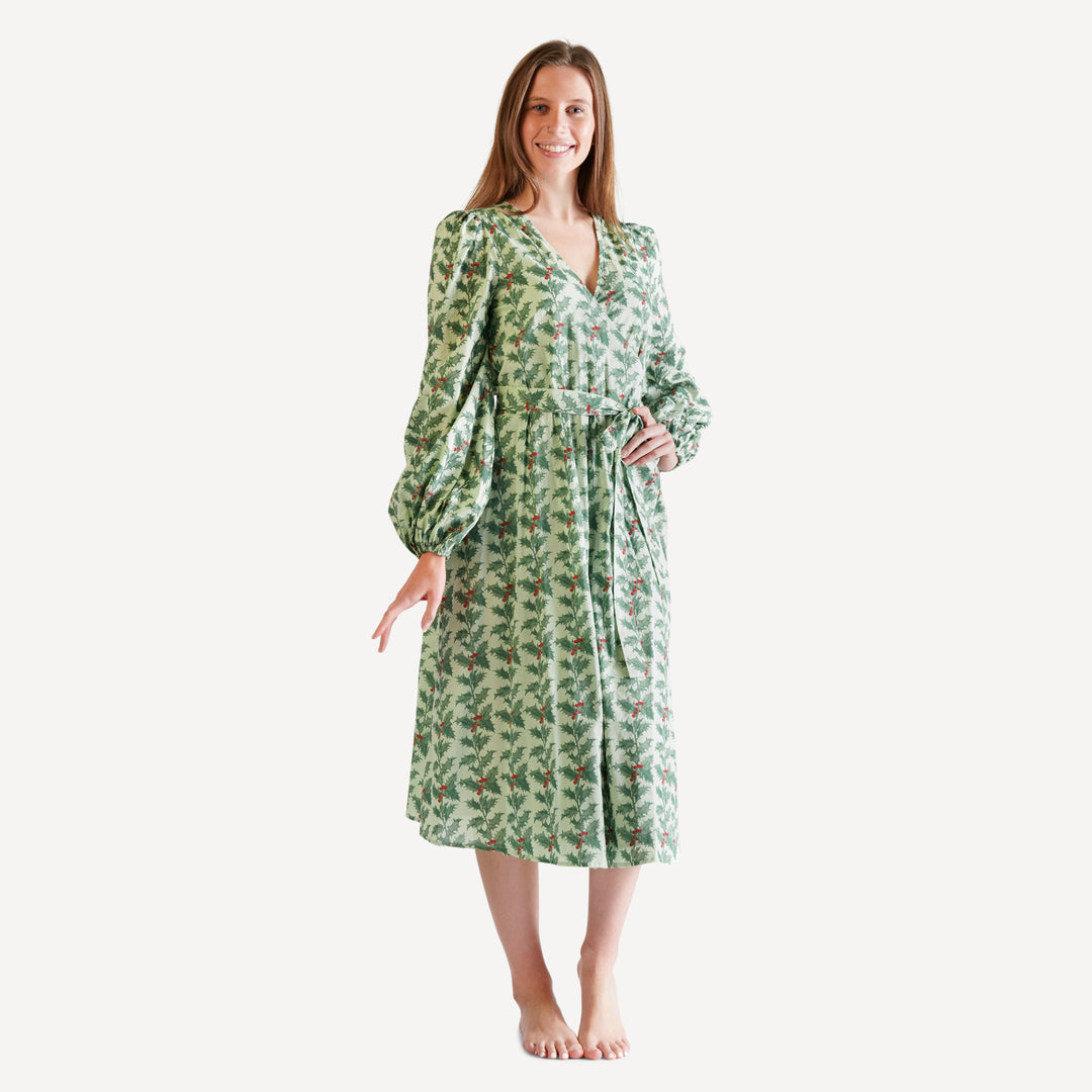 womens balloon sleeve midi wrap dress | winter holly | organic cotton woven