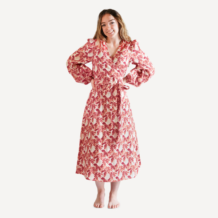 womens balloon sleeve midi wrap dress | poinsettia | organic cotton woven