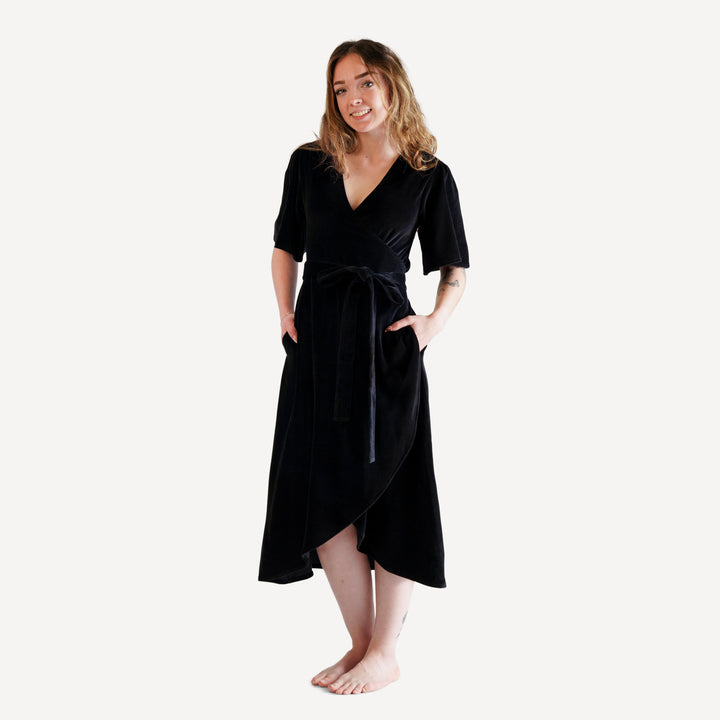 womens midi flutter sleeve wrap dress | black | organic cotton velour