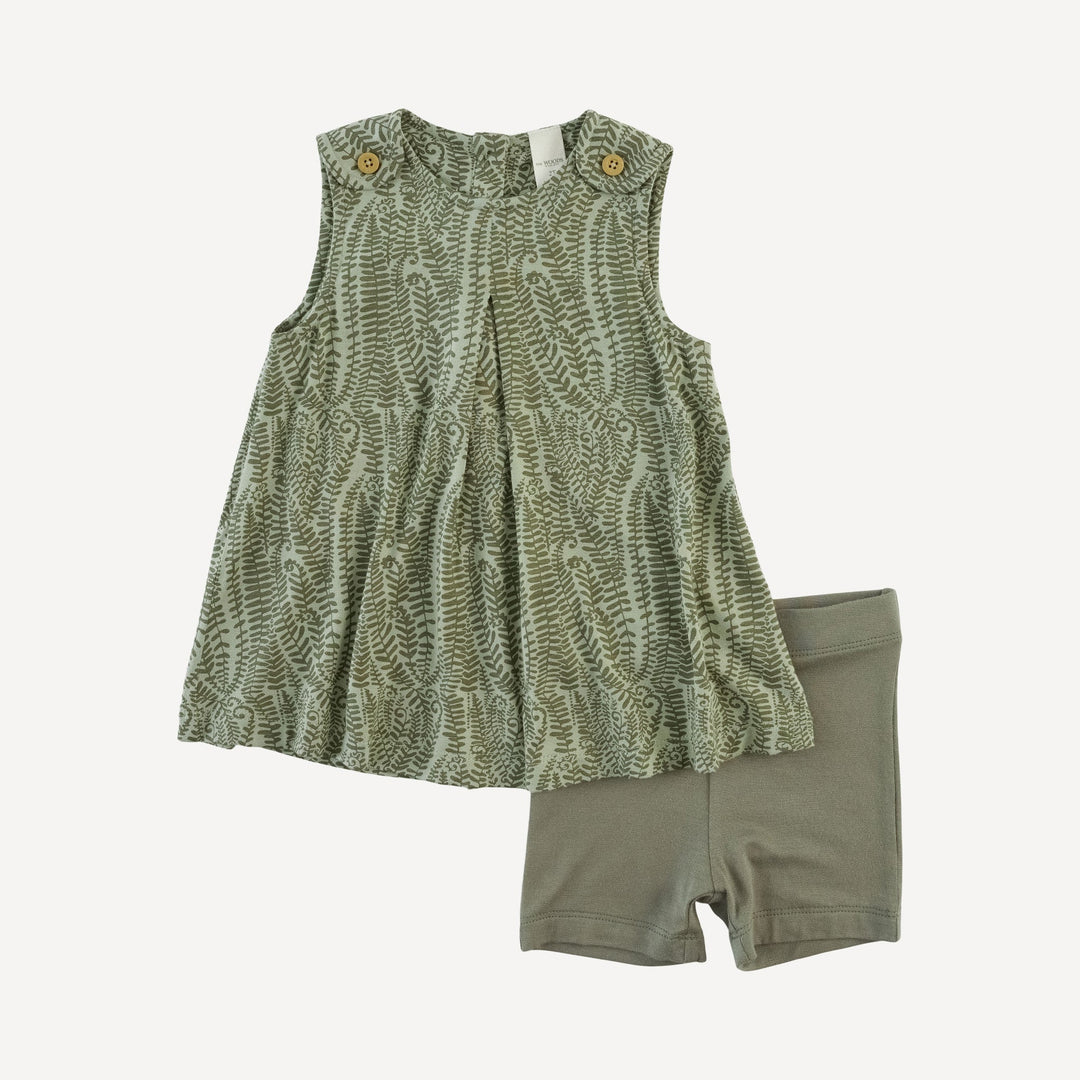 sleeveless button tab top + bike short set | green fern frond | modal