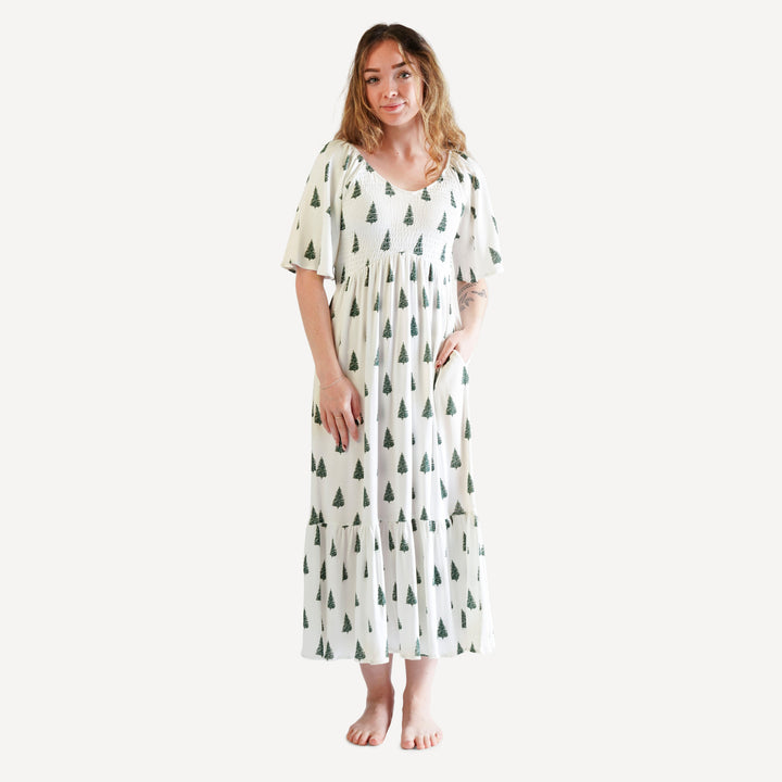 womens flutter sleeve smocked midi dress | forest pine | organic cotton single rib