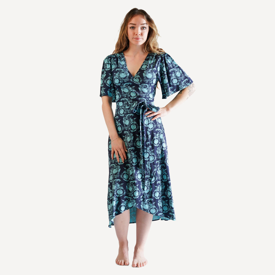 womens midi flutter sleeve wrap dress | world peace | organic cotton single rib