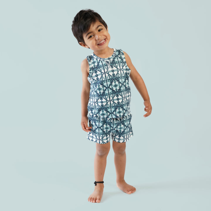 topstitch tank and relaxed short set | blue shibori | bamboo