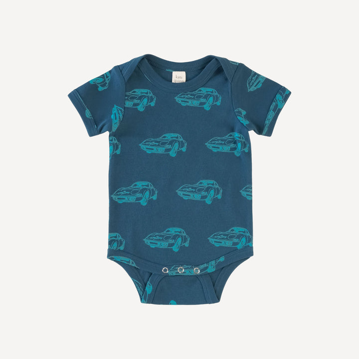 short sleeve lap neck bodysuit | blue cars | organic cotton interlock