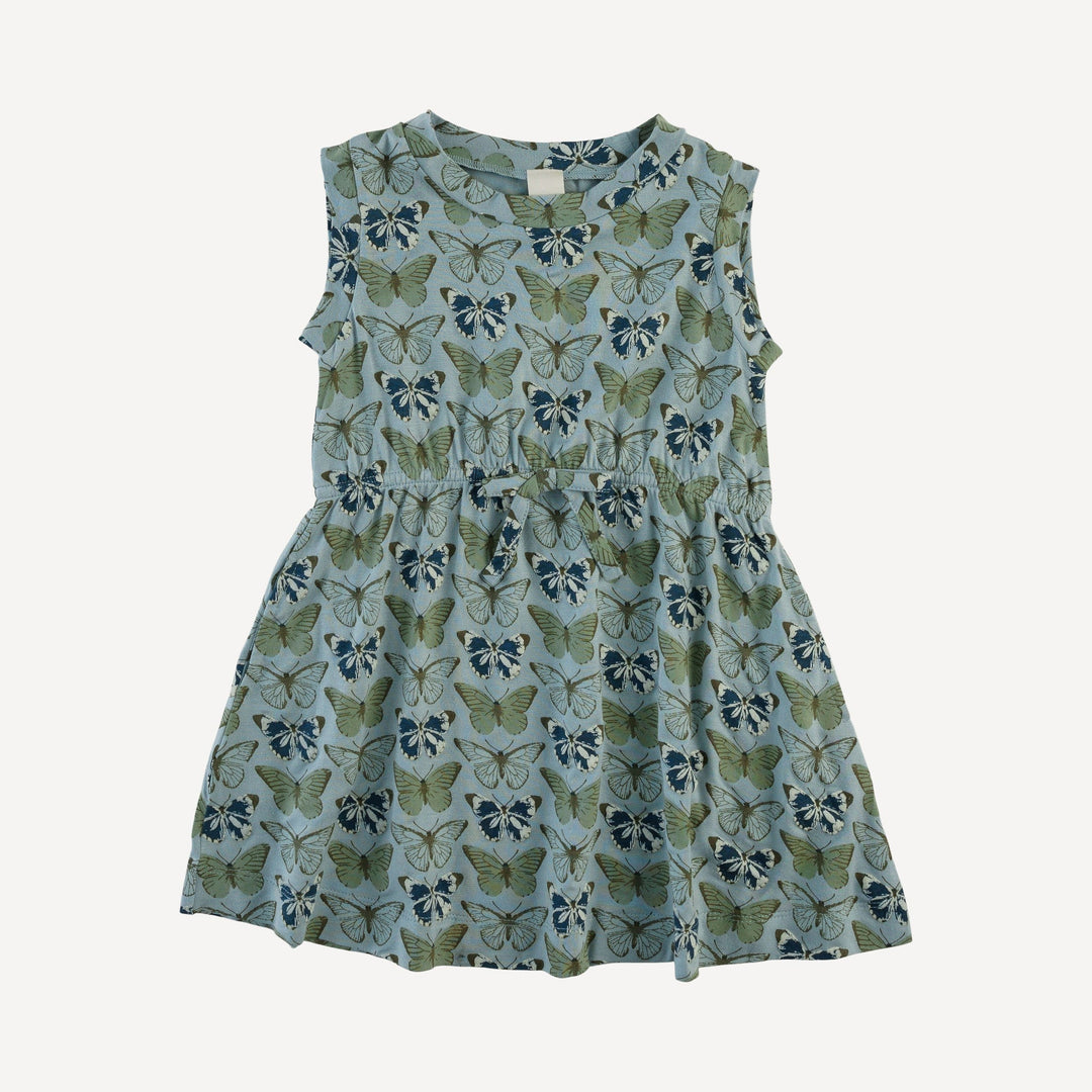 sleeveless tie waist dress | blue butterfly | modal