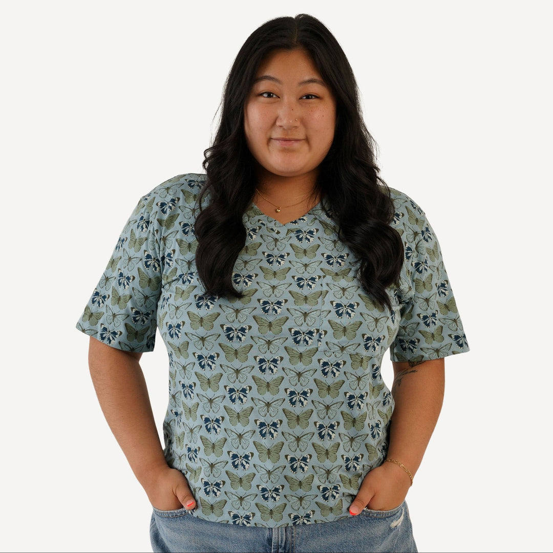 womens v-neck pocket tee | blue butterfly | modal