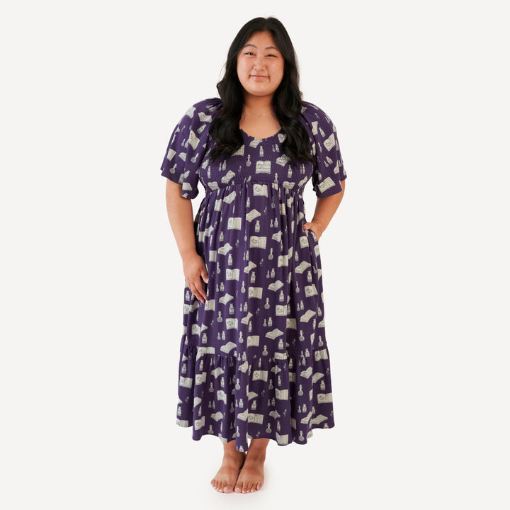 womens flutter sleeve smocked midi dress | potions + spells | organic cotton interlock