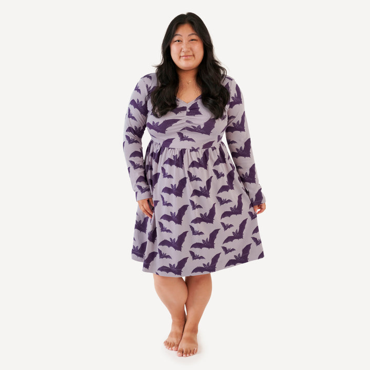 womens long sleeve twirl dress | purple bat | organic cotton interlock