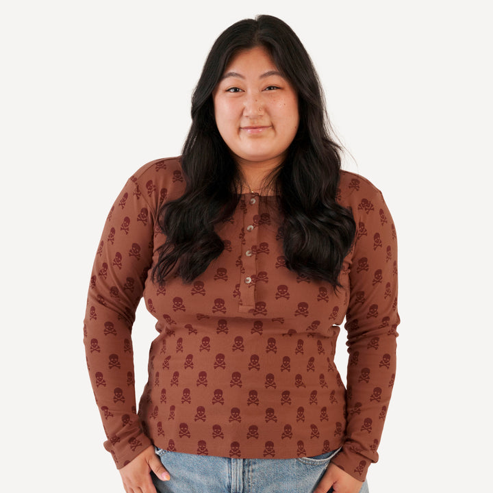 womens long sleeve fitted henley tee | red skulls | organic cotton interlock