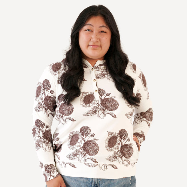womens long sleeve henley pocket hoodie | raisin sunflower | organic cotton interlock