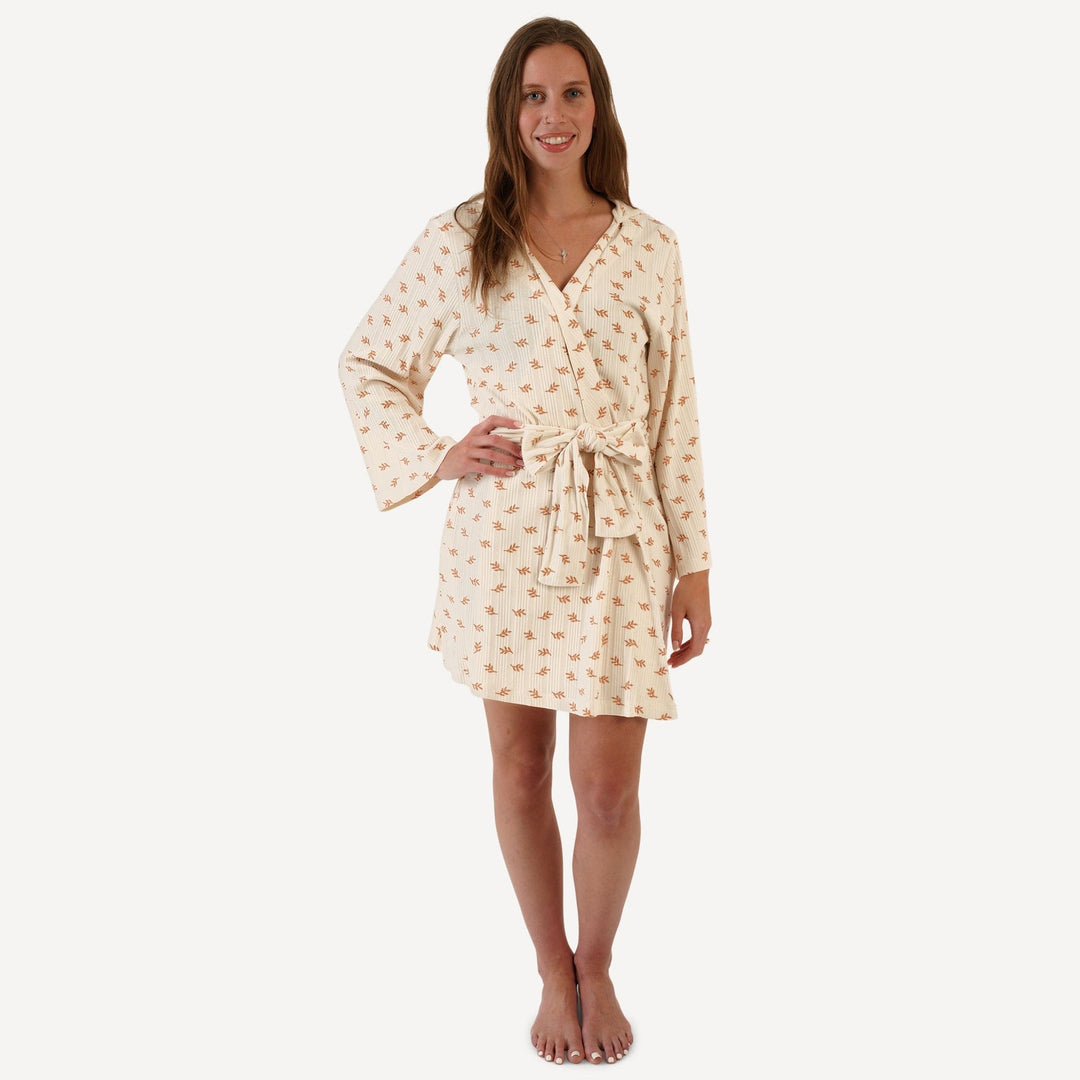 womens hooded pocket robe | butterum leaf | organic cotton multi rib
