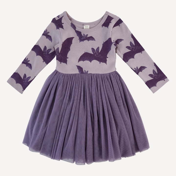 long sleeve ballerina tulle dress | purple bats | organic cotton interlock