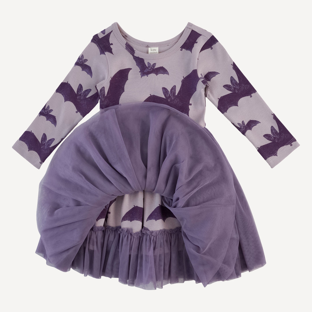 long sleeve ballerina tulle dress | purple bats | organic cotton interlock