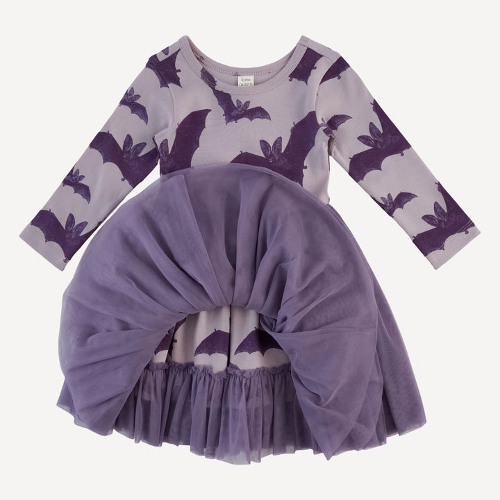 long sleeve ballerina tulle dress | purple bats | organic cotton interlock