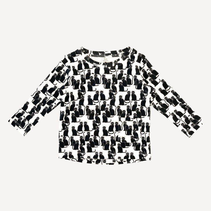 long sleeve pocket boxy tee | black cats | organic cotton interlock