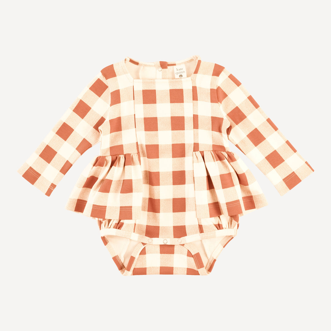 long sleeve ballerina bubble | caramel gingham | organic cotton interlock