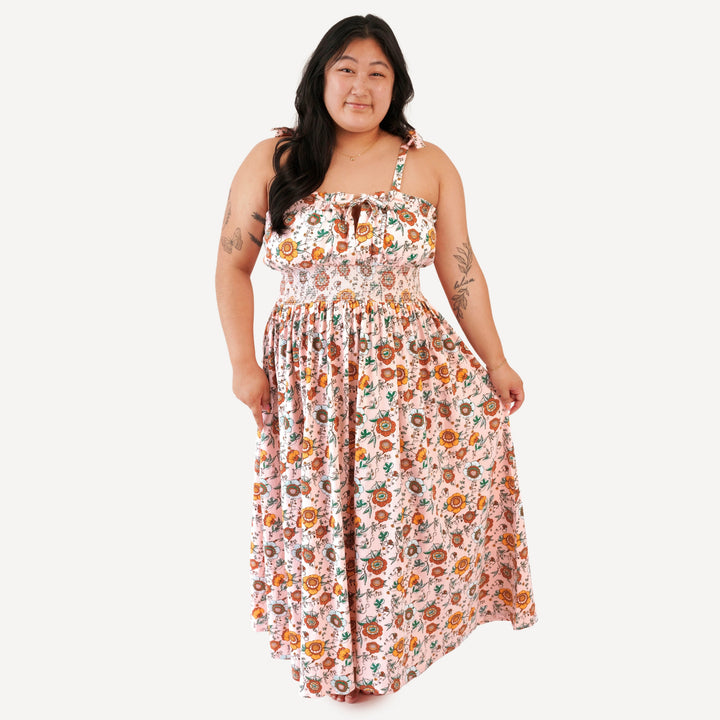 womens spaghetti tie winnie dress | chinoiserie floral | organic cotton jersey