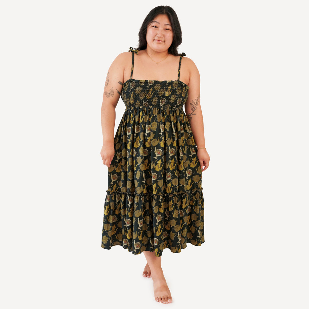 womens spaghetti tie winnie convertible dress | gold teapots | organic cotton jersey
