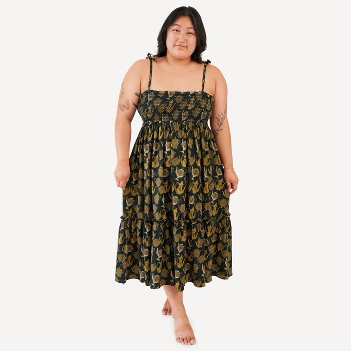 womens spaghetti tie winnie convertible dress | gold teapots | organic cotton jersey