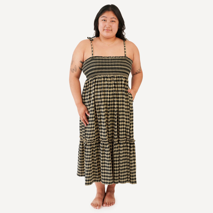 womens spaghetti tie winnie convertible dress | black harlequin | organic cotton jersey