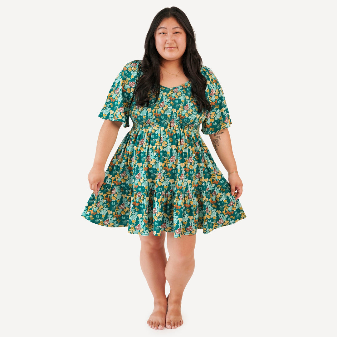 womens flutter sleeve smocked short dress | magic mushrooms | organic cotton jersey