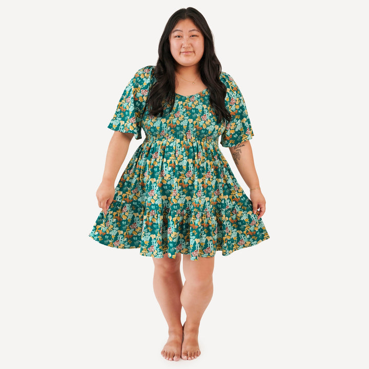 womens flutter sleeve smocked short dress | magic mushrooms | organic cotton jersey