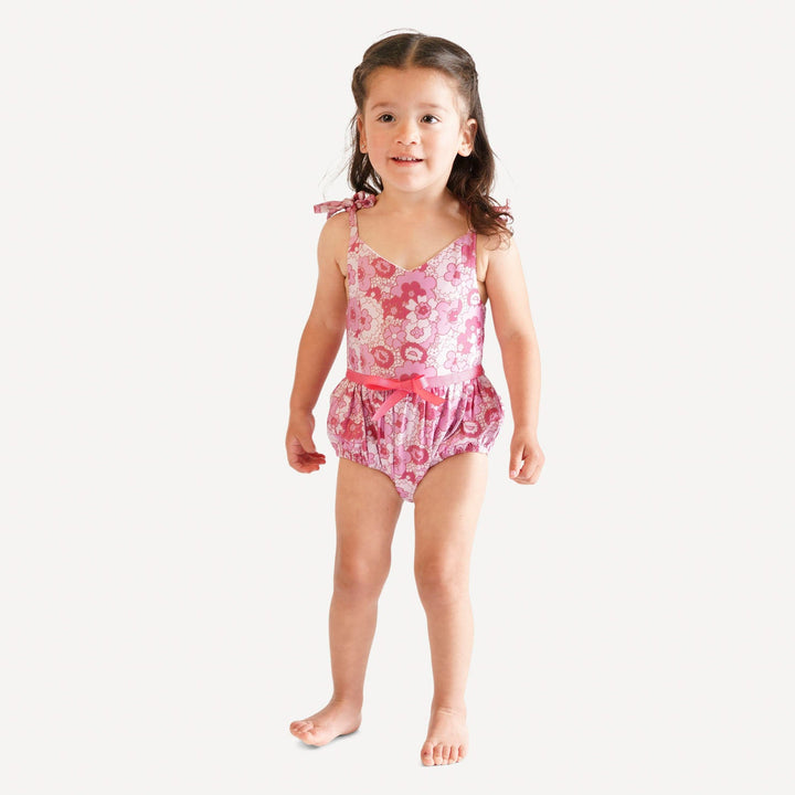 spaghetti tie bow bubble swimsuit | pink mid-century floral | swim