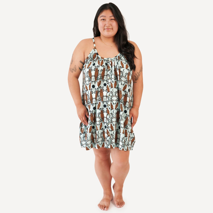 womens gathered pocket button dress | rust mystical owl | organic cotton jersey