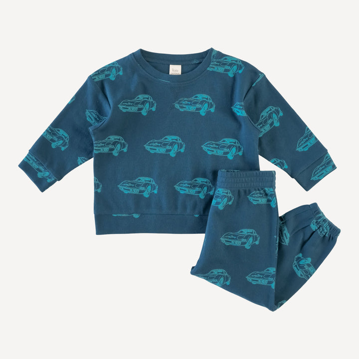 long sleeve boxy topstitch tee and relaxed jogger set | blue cars | organic cotton interlock