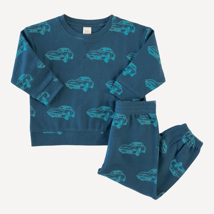 long sleeve boxy topstitch tee and relaxed jogger set | blue cars | organic cotton interlock